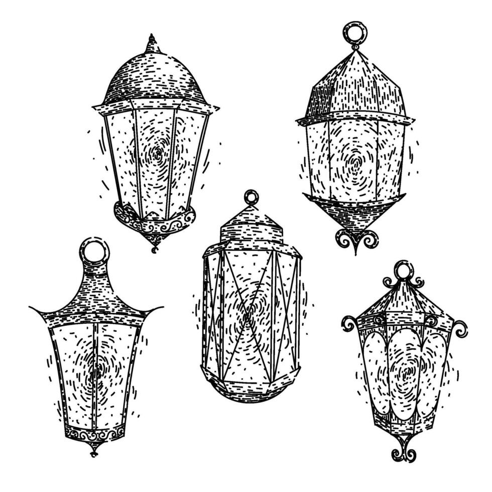 vintage lantern set sketch hand drawn vector