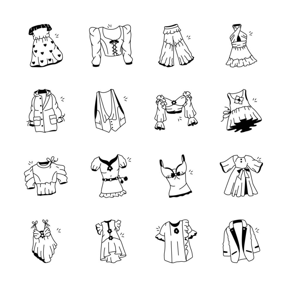 A set of twelve flat, colorful illustrations depicting various womens clothing items. vector