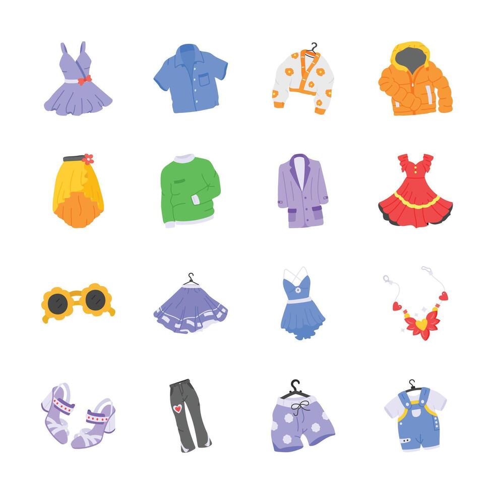 A vibrant assortment of clothing and accessories illustrated in a playful, flat design style vector