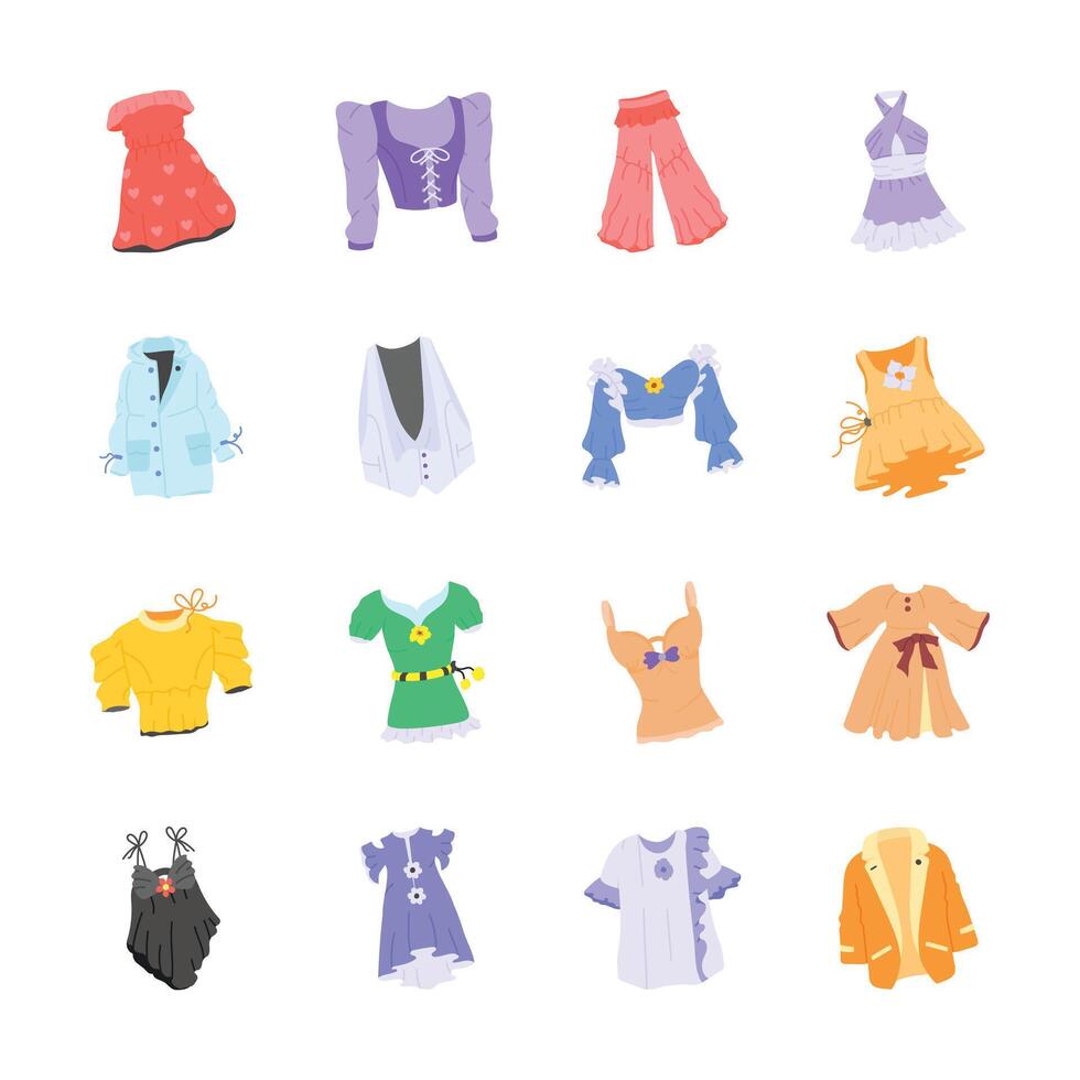A set of twelve flat, colorful illustrations depicting various womens clothing items. vector