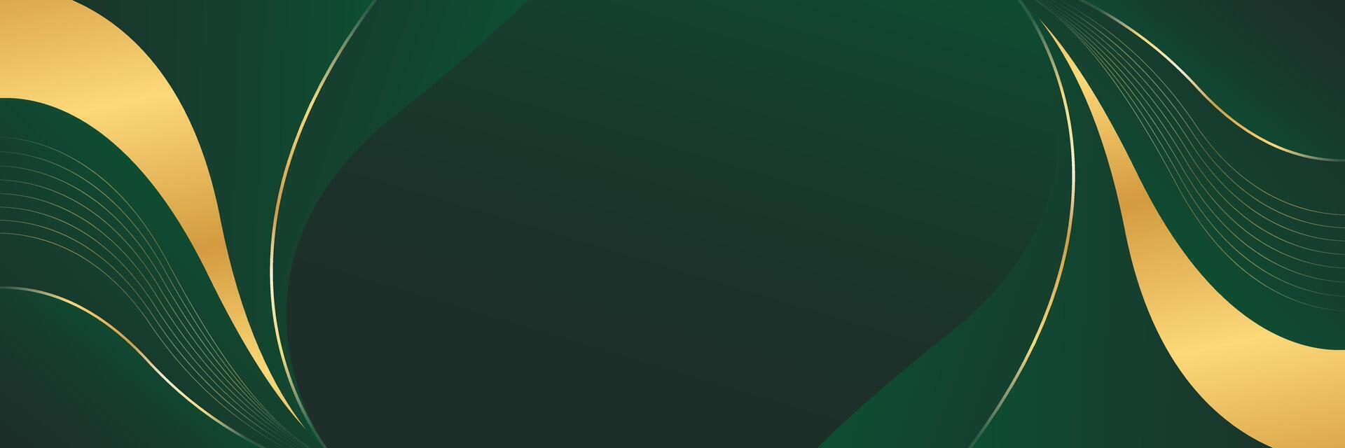 Green emerald luxury banner background with gold lines. Abstract wave background design vector