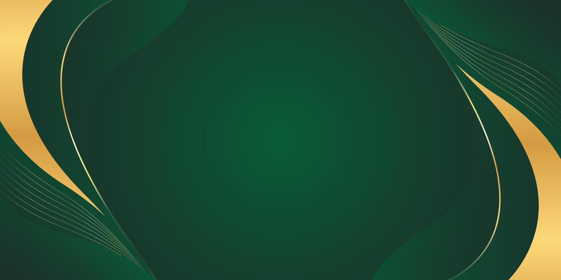 Green luxury background design with gold lines. Abstract wave background vector