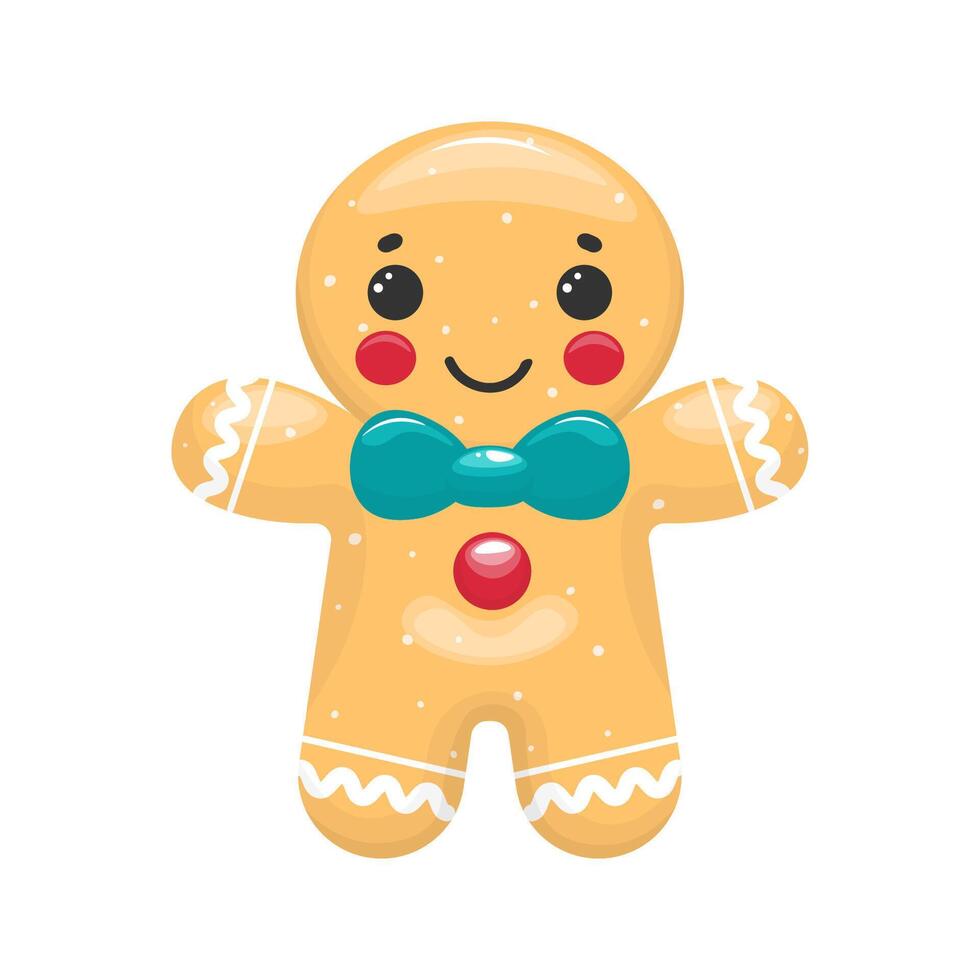 Cute gingerbread man with bow tie in cartoon style. Graphic design illustration. For Christmas design. Stock isolated clipart on a white background. vector