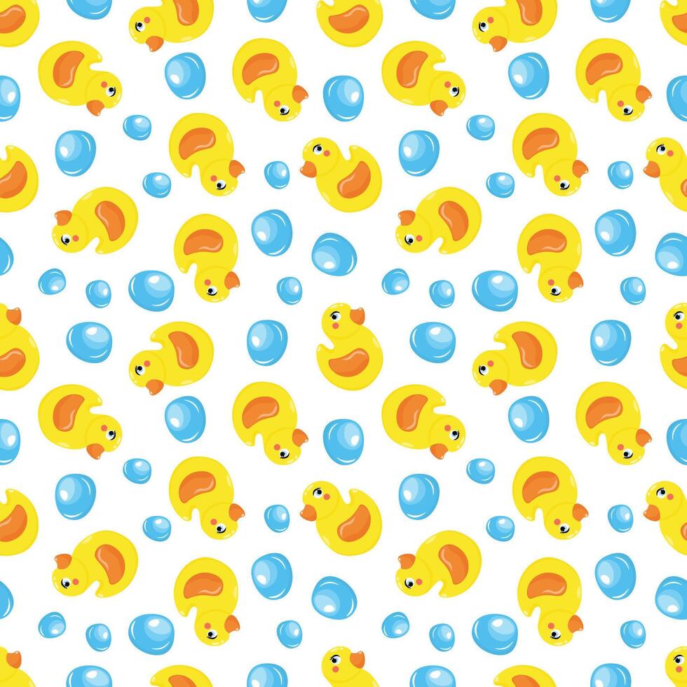 Seamless pattern with a rubber duck and soap bubbles. For kids design In cartoon style, on a blue background. vector