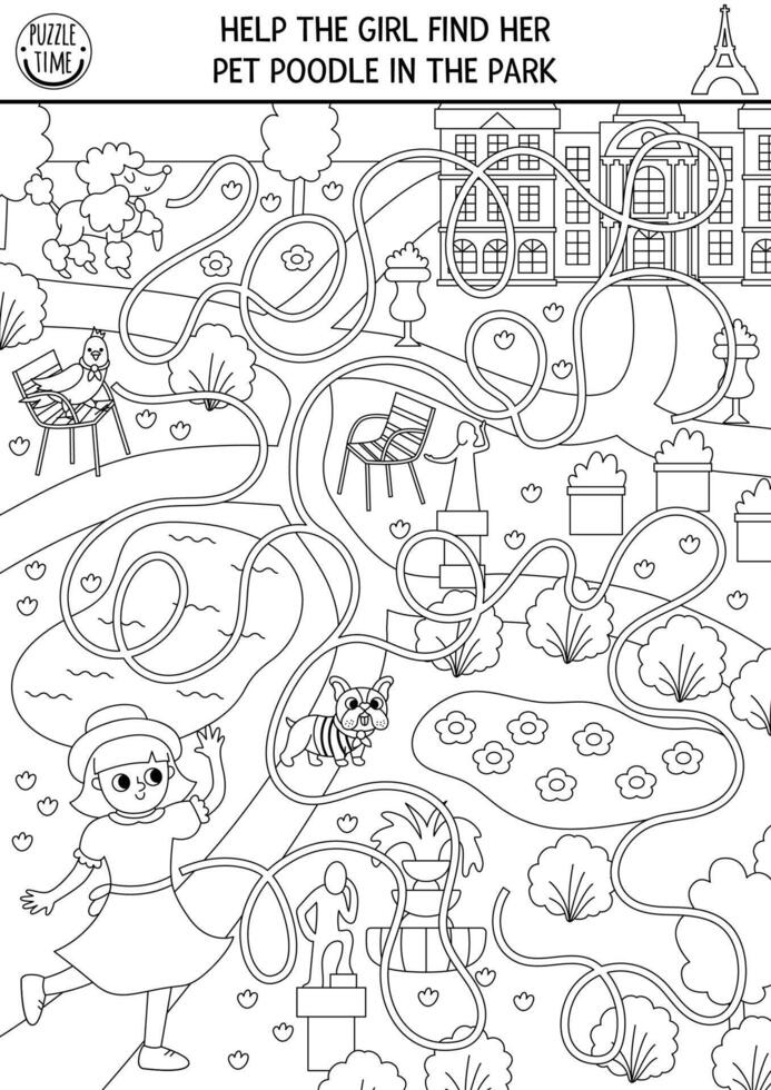 France black and white maze for kids with girl in Luxembourg garden searching for pet poodle. French preschool printable activity. Labyrinth game, puzzle, coloring page with park scene vector