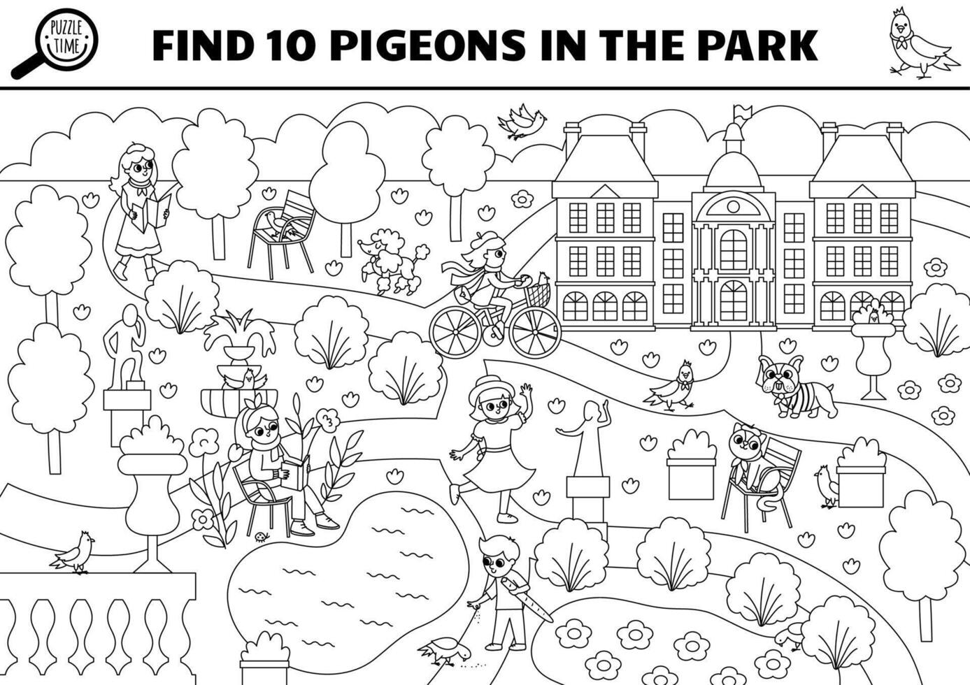 black and white French searching game with city landscape, park, people. Spot hidden pigeons. Simple France seek and find educational printable activity or coloring page for kids vector