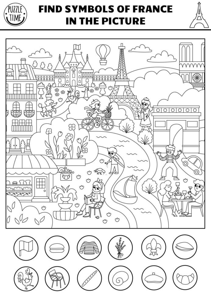 black and white French searching game with city landscape, bakery. Spot hidden baguette, croissant. Simple France seek and find educational printable activity, coloring page vector