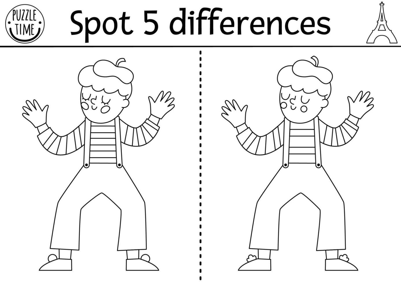 Find differences game for children. Educational black and white activity with cute mime. Puzzle for kids with funny French character. Printable worksheet or coloring page with traditional France vector