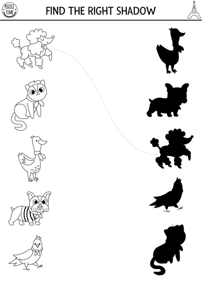 France black and white shadow matching activity. Puzzle with traditional French animals and birds. Find correct silhouette printable worksheet. Funny coloring page for kids with poodle, bulldog vector