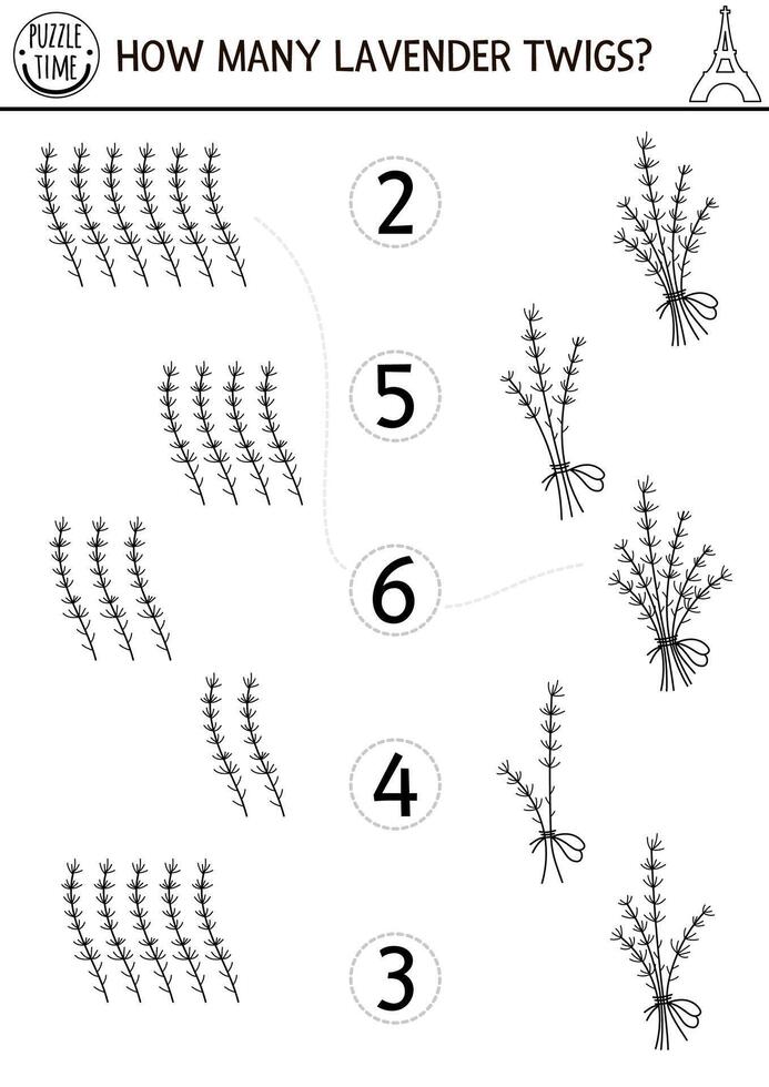 Match the numbers black and white game with lavender bunch. Math activity for kids with traditional French flower. France plant educational counting worksheet. How many twigs coloring page vector