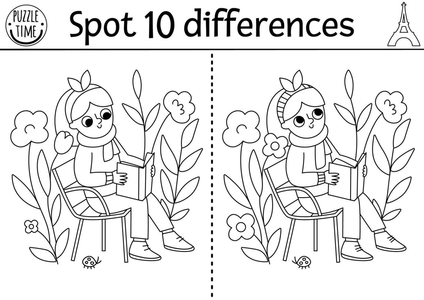 Find differences game for children. Educational black and white activity with cute girl reading a book in garden among flowers. Puzzle for kids. Printable worksheet, coloring page with France symbol vector