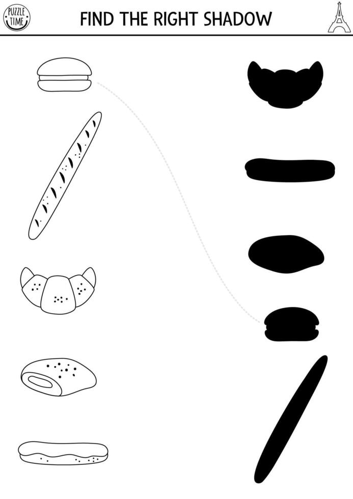 France black and white shadow matching activity. Puzzle with traditional French pastry. Find correct silhouette printable worksheet. Funny coloring page for kids with baguette, croissant, eclair vector