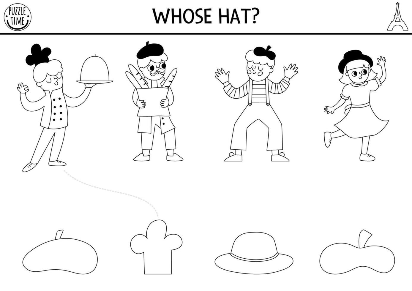 France black and white shadow matching activity. Line puzzle with French people. Find correct hat printable worksheet. Funny coloring page for kids with mime, chef, man, baguette, headwear vector