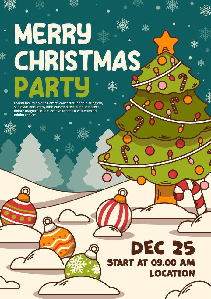 Merry Christmas party poster with Christmas tree and Christmas Ornaments. vector