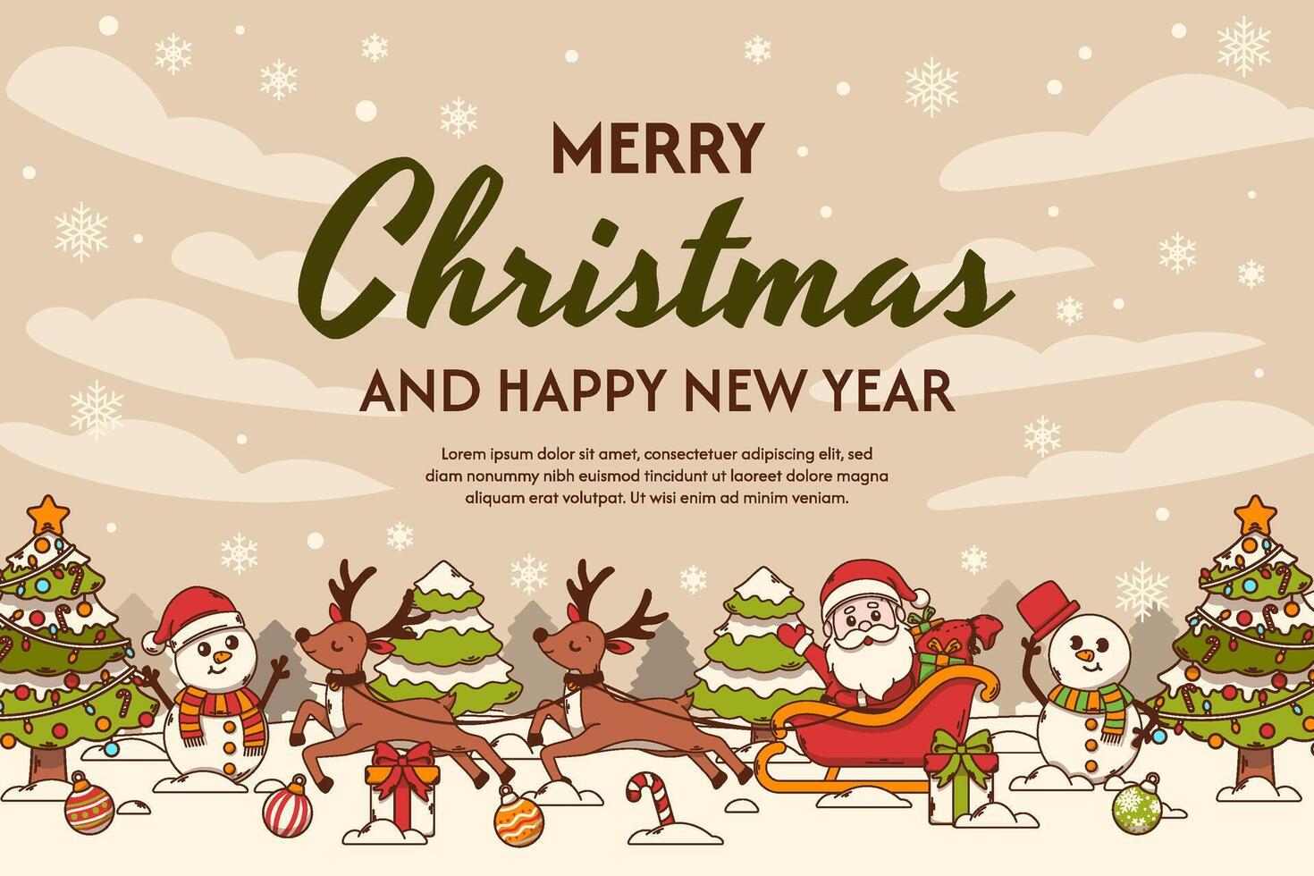 Merry Christmas background with Santa Claus, Sleigh, Christmas tree and Christmas Ornaments. vector