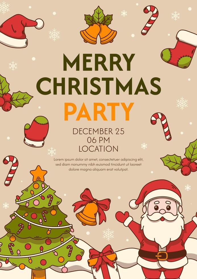 Merry Christmas party poster with Santa Claus, Christmas tree and Christmas elements. vector