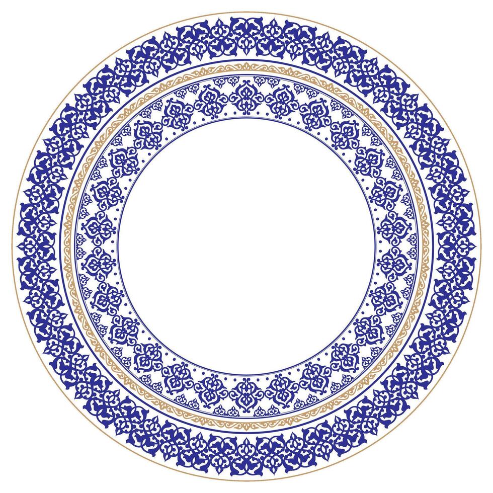 Elegant blue and gold circular frame with intricate Arabic, Islamic geometric patterns. Perfect for invitations, logos, website design. High-resolution file for crisp, scalable prints, ceramics vector