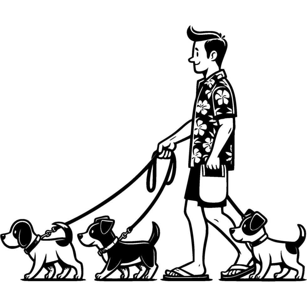 Man dressed in home clothes walks neighbors dogs in monochrome. Simple minimalistic in black ink drawing on white background vector