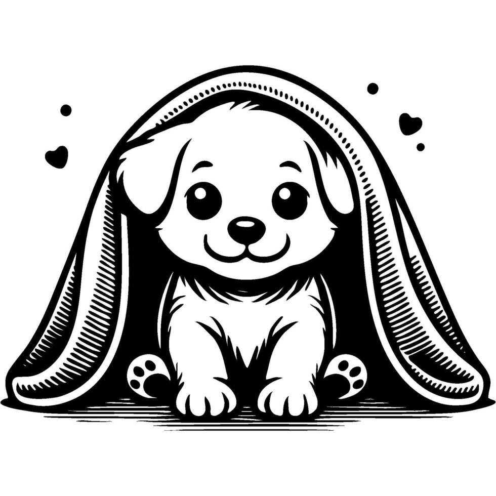 Little Labrador puppy peeking out from under blanket in monochrome. Simple minimalistic in black ink drawing on white background vector