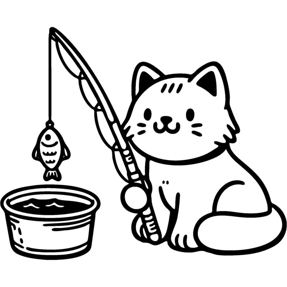 Domestic cat catches fish with a fishing rod in a basin of water in monochrome. Simple minimalistic in black ink drawing on white background vector