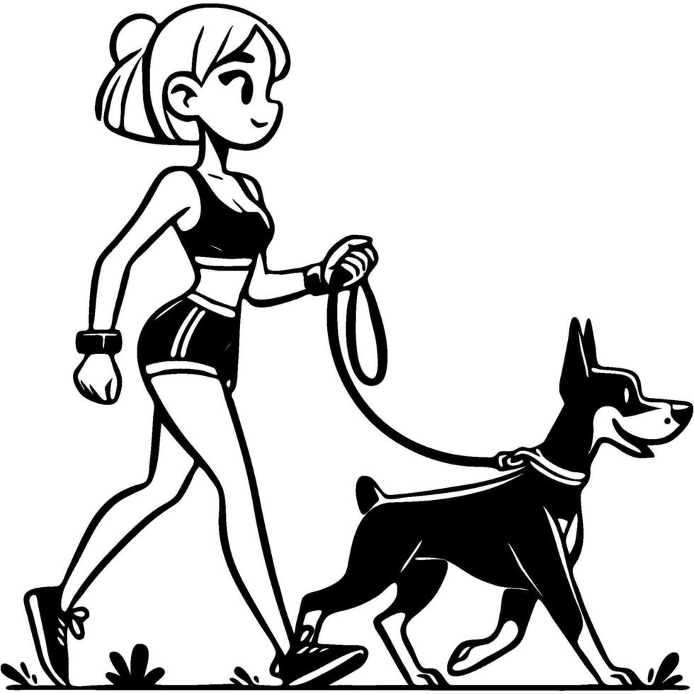 Girl in sportswear training outdoors with doberman dog on leash in monochrome. Simple minimalistic in black ink drawing on white background vector