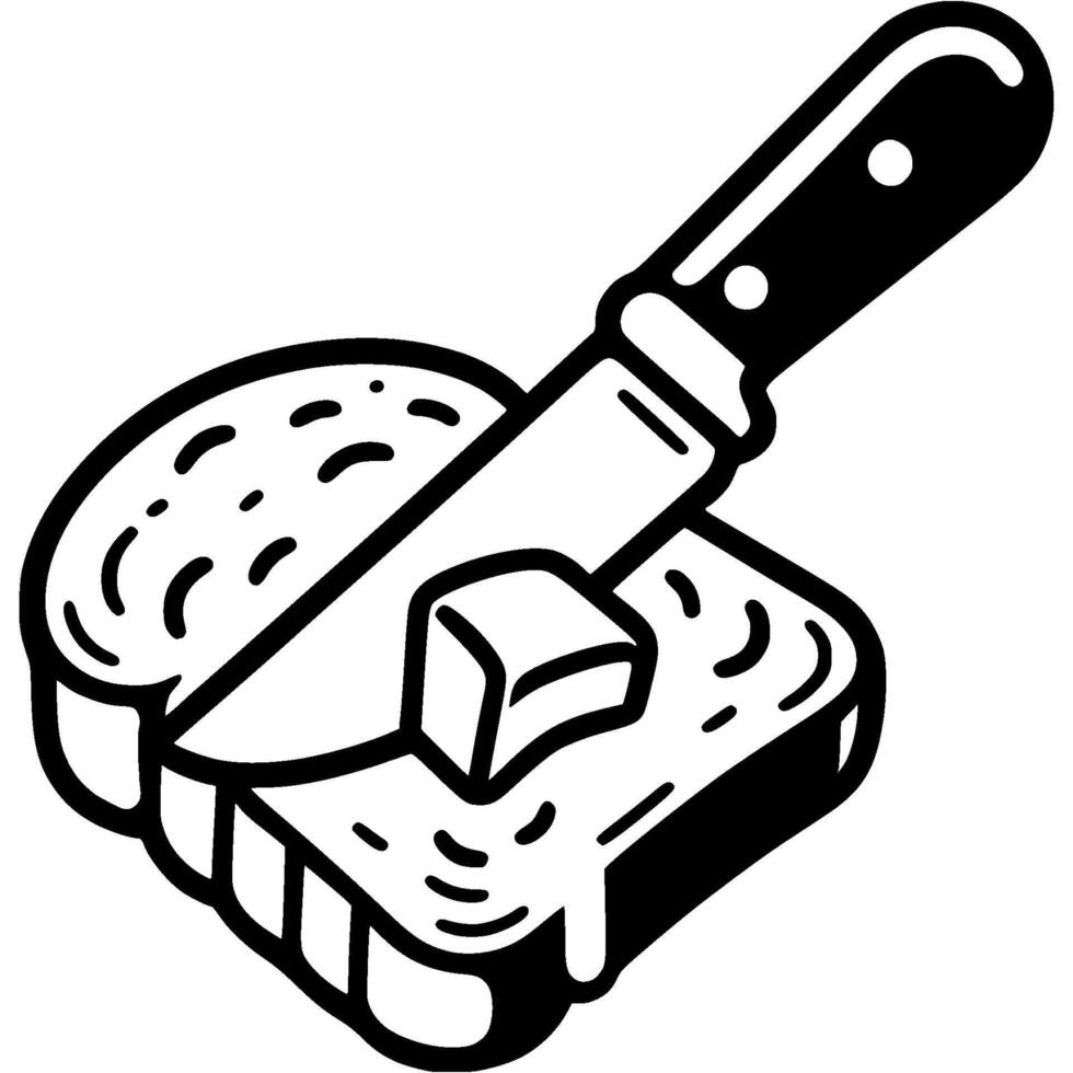 Kitchen knife spreads butter on crusty bread in monochrome. Simple minimalistic in black ink drawing on white background vector