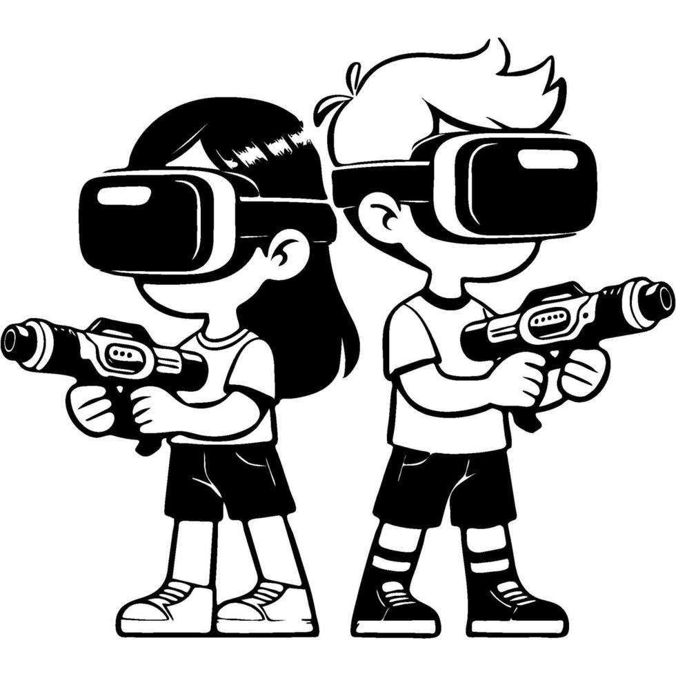 Girl and boy wearing virtual reality glasses holding toy blasters in monochrome. Simple minimalistic in black ink drawing on white background vector