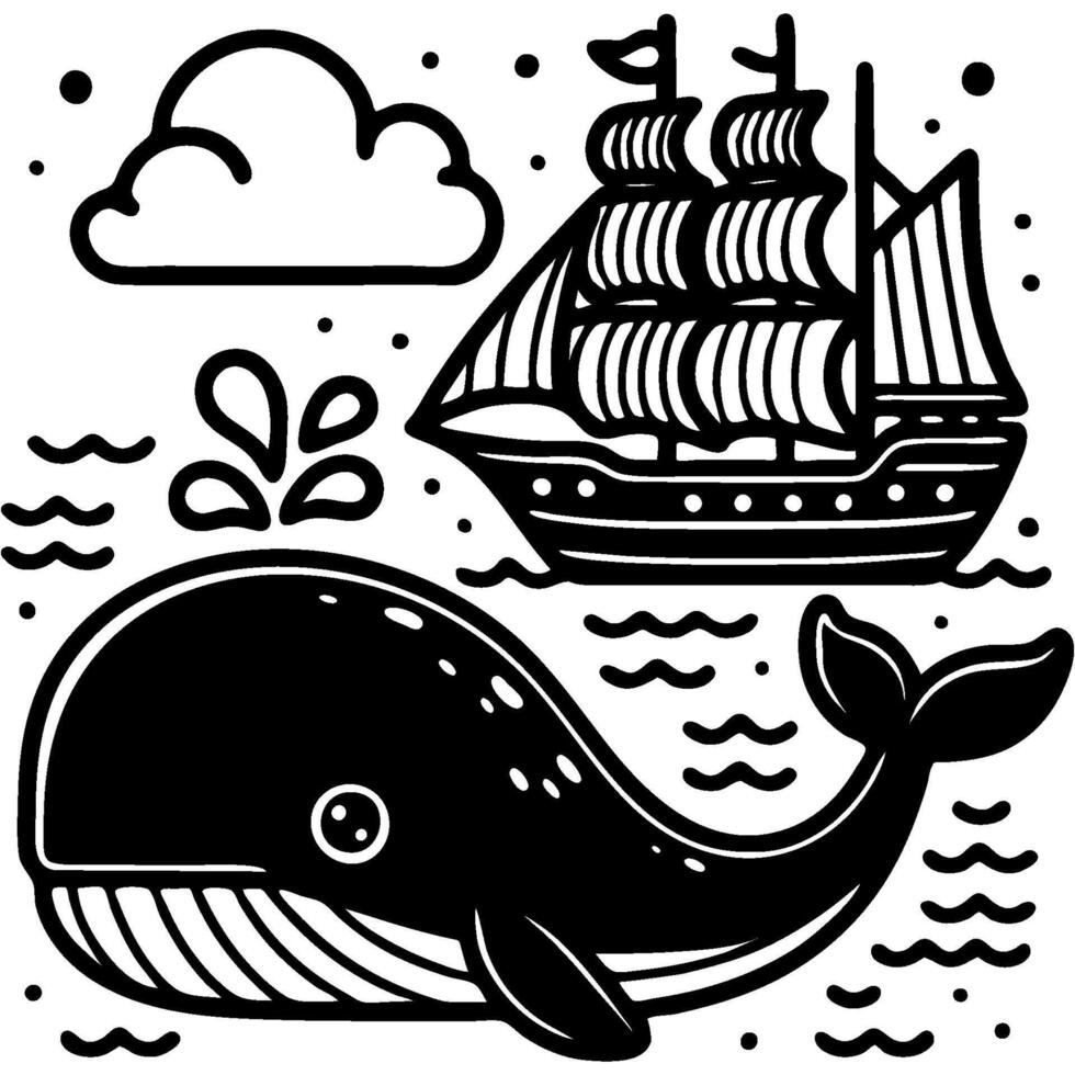Huge whale accompanies an old sailing ship in monochrome. Simple minimalistic in black ink drawing on white background vector