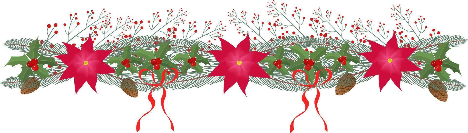 Christmas border made of branches and poinsetti flowers vector