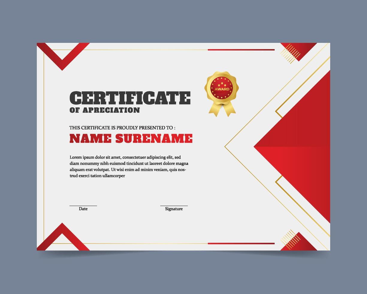 Red elegant certificate template with badge design vector