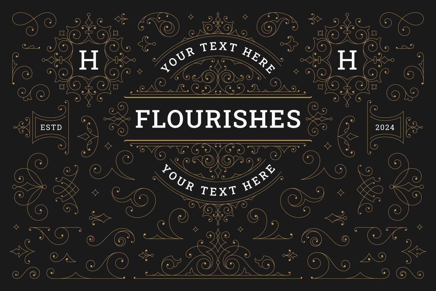 Golden ornate royal decorative element frame label scroll logo set illustration vector