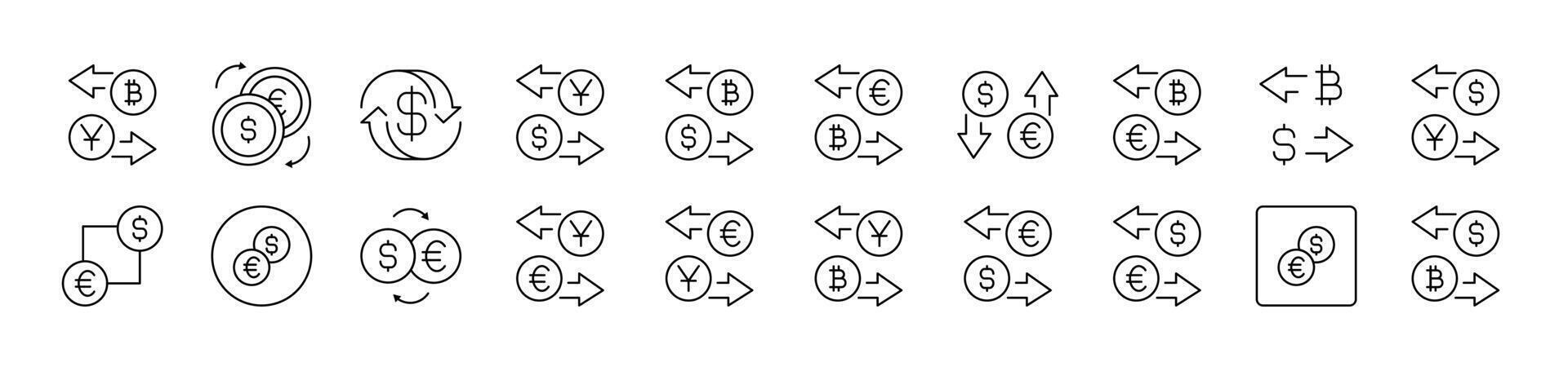 Currency Exchange Outline Picture Collection. Editable Stroke. Perfect for Infographics, Articles, Books, Flyers, Banners vector