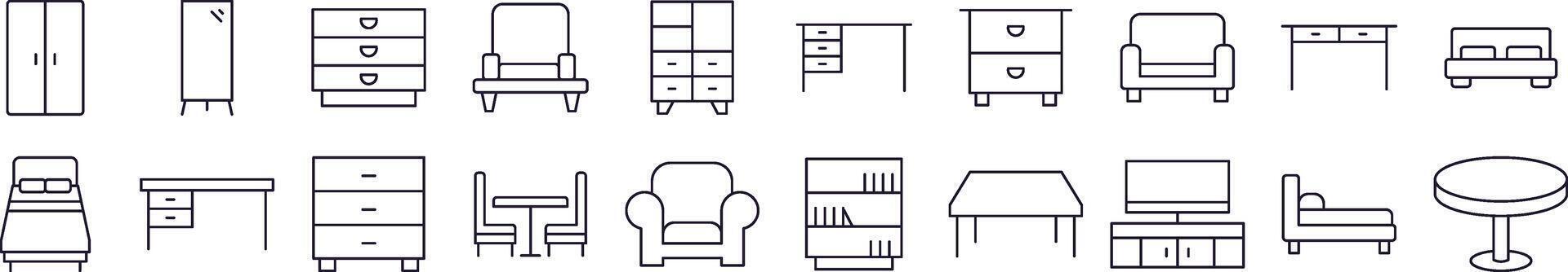 Table, Closet, Mirror, Chair and Table Line Icon Bundle. Editable Stroke. Minimalistic Linear Pictogram for Design of Cards, Apps, Banners, Posts vector