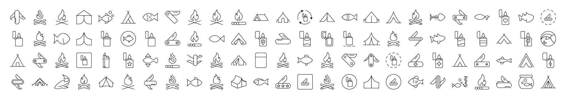 Camping Isolated Outline Icons. Contains such Elements as Bonfire, Fish, Folding Knife, Tent, Lighter. It Can Be Used for Interface, Posts, Advertisements, Various Cards vector