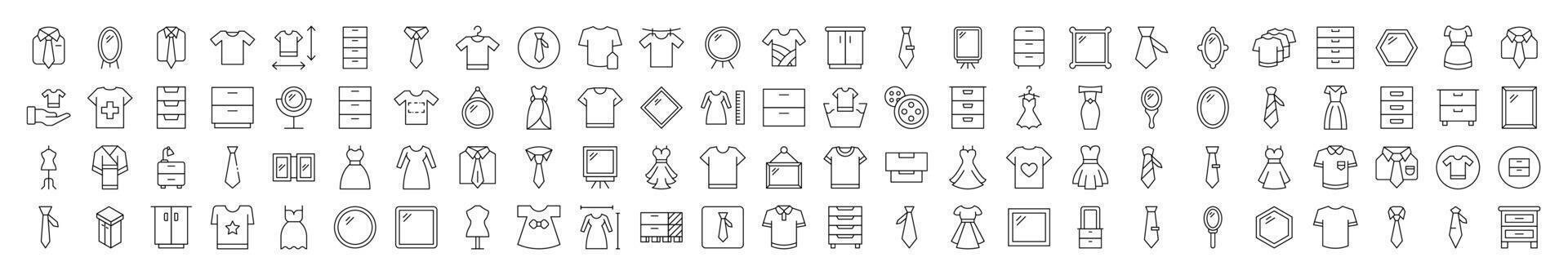 Set of Line Icons of Closet, Wardrobe, Mirror, Dress, T Shirt. Editable Stroke. Minimalistic Linear Pictogram for Design of Cards, Apps, Banners, Posts vector