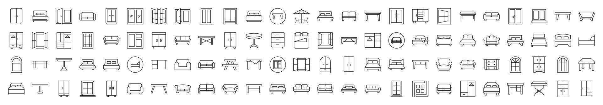 Furniture Line Icon Collection. Modern Collection for Design, Web Sites, Apps, Cards. Contains Linear Images of Dresser, Couch, Sofa, Table, Window vector