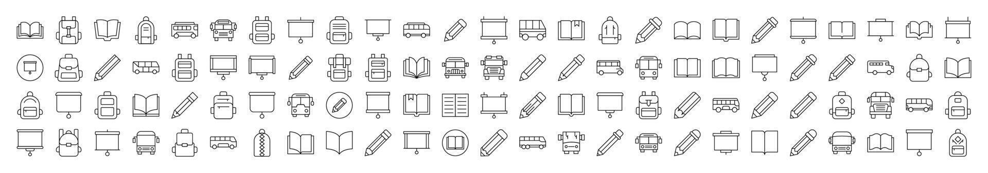 Simple Linear Icon of Pen, Presentation Board, Bus, School Bag, Book. Editable Stroke. Minimalistic Linear Pictogram for Design of Cards, Apps, Banners, Posts vector