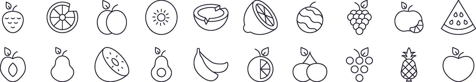 Set of Line Icons of Watermelon, Coconut, Grape and Other Fruits. Editable Stroke. Minimalistic Linear Pictogram for Design of Cards, Apps, Banners, Posts vector