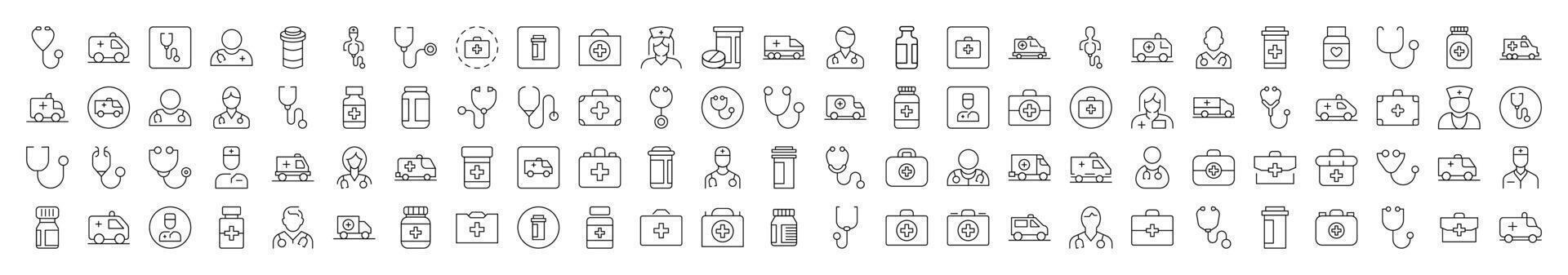 Doctor, Hospital, Stethoscope, Ambulance, Drugs Related Simple Symbol Drawn with Thin Line for Interface, Booklets, Cards, Posts, Infographics vector