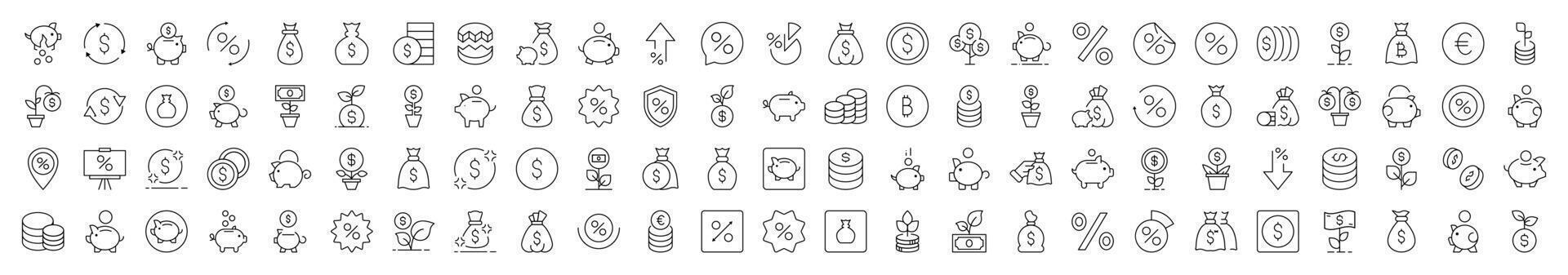 Collection of Finance Related Line Icons. Editable Stroke for Design, Web Sites, Apps, Cards. Contains Linear Images of Piggy Bank, Percent, Coin, Tree Money vector