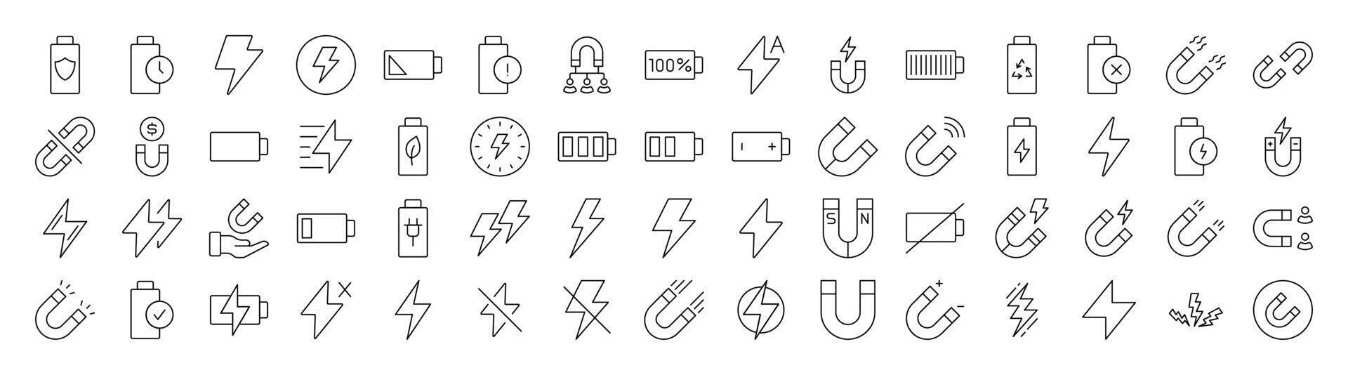 Set of Line Icons of Energy, Battery, Charger. Editable Stroke. Minimalistic Linear Pictogram for Design of Cards, Apps, Banners, Posts vector