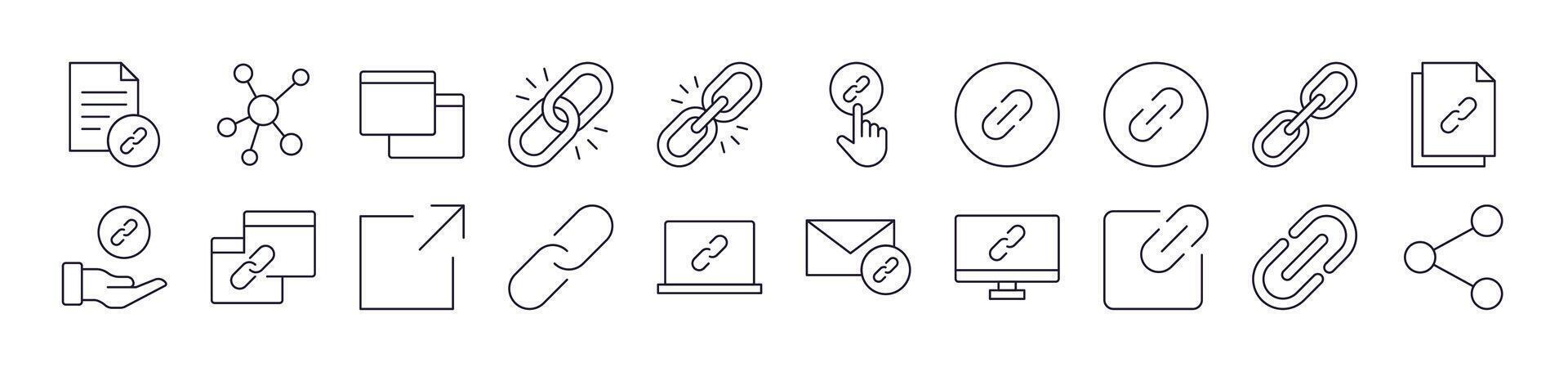 Link and Share Line Icon Pack. Editable Stroke. Minimalistic Linear Pictogram for Design of Cards, Apps, Banners, Posts vector