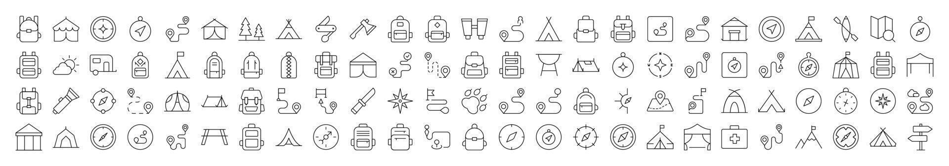 Backpack, Road, Map Pin, Compass, Tent Line Icon Collection. Editable Stroke. Minimalistic Linear Pictogram for Design of Cards, Apps, Banners, Posts vector