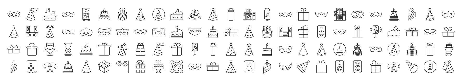 Musical Center, Cake, Masquerade Mask, Gift, Present Thin Line Icon Set. Editable Stroke. Suitable for Banners, Cards, Social Networks, Apps vector