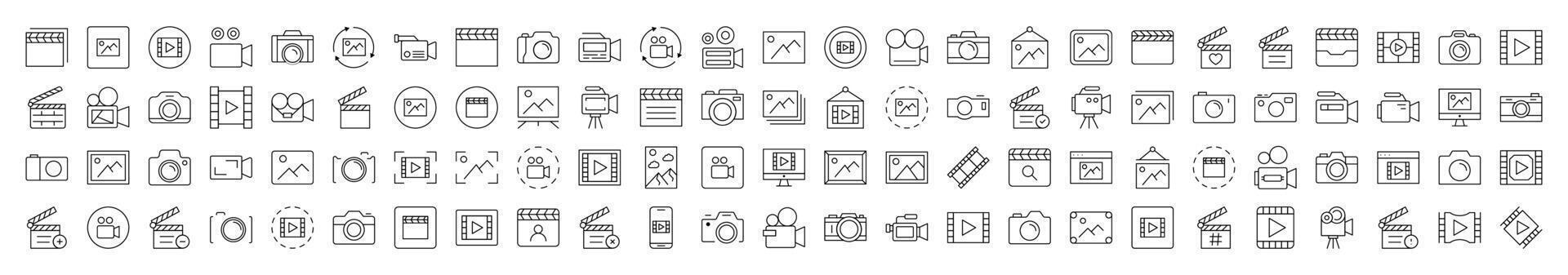 Bundle of Line Icons of Clapperboard, Photo Camera, Movie, Picture. Editable Stroke. Minimalistic Linear Pictogram for Design of Cards, Apps, Banners, Posts vector
