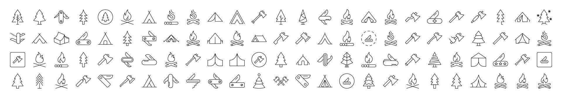 Bonfire, Axe, Tent, Tree, Knife Related Image Collection. Editable Stroke. Perfect for Infographics, Articles, Books, Flyers, Banners vector