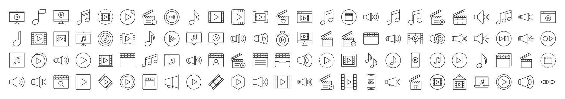 Media Player Line Icon Pack. Modern Collection for Design, Web Sites, Apps, Cards. Contains Linear Images of Clapperboard, Musical Note, Loud Speaker vector