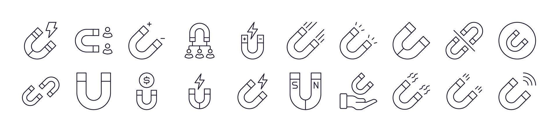 Pack of Line Icons of Magnet. Editable Stroke. Minimalistic Linear Pictogram for Design of Cards, Apps, Banners, Posts vector