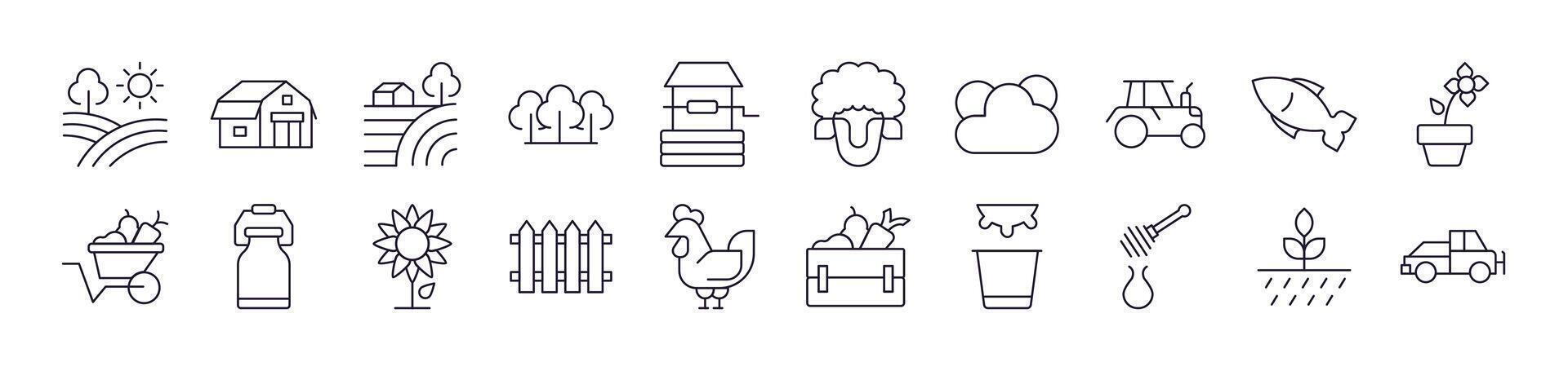 Collection of Images of Field, Farm, Garden Drawn with Thin Line for apps, web sites, banners, infographics and other types of design vector