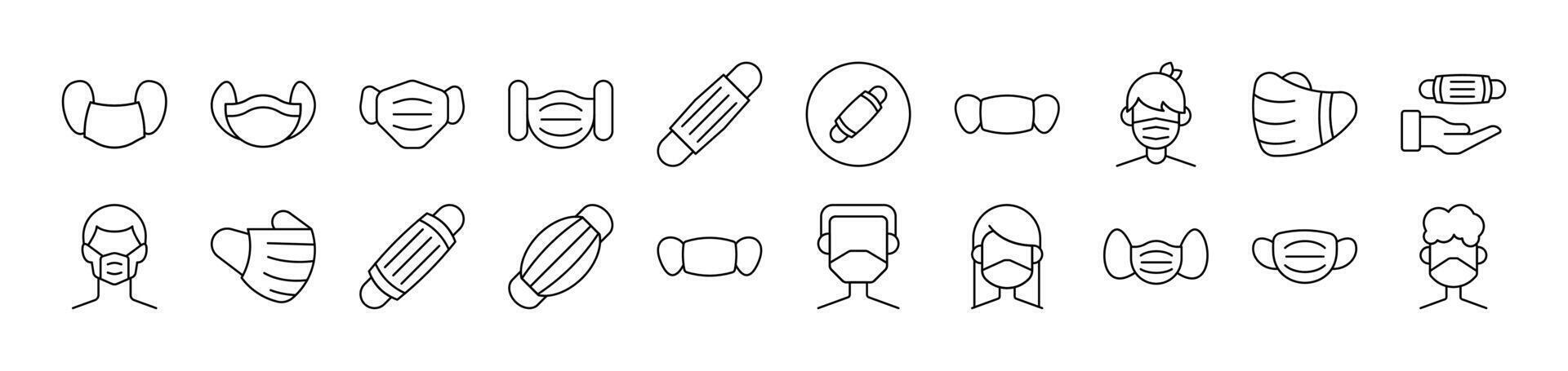 Collection of Images of Medical Face Mask Drawn with Thin Line for apps, web sites, banners, infographics and other types of design vector
